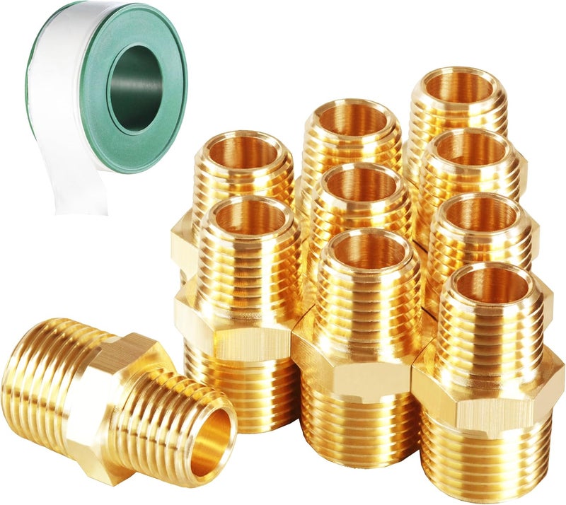MSAEIQUN 10PCS 3/8 Inch Male Pipe x 1/4 Inch Male Pipe Solid Brass Threaded Straight Pipe Reducing Hex Nipple Fittings Extension Connector Adapter Coupling for Pipe Line/Oil/Gas - Image 1